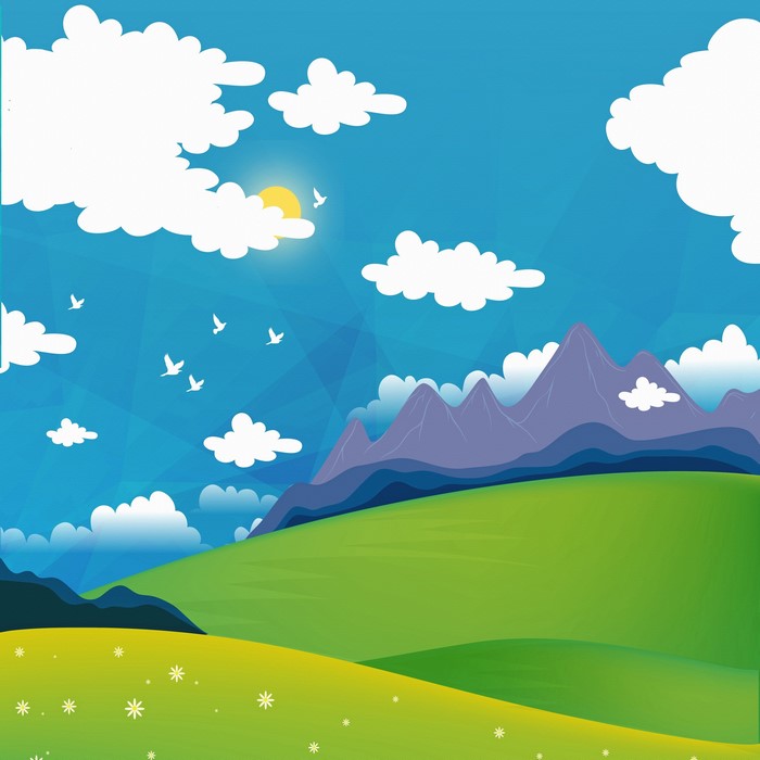Cartoon landscape with mountains, clouds, and birds