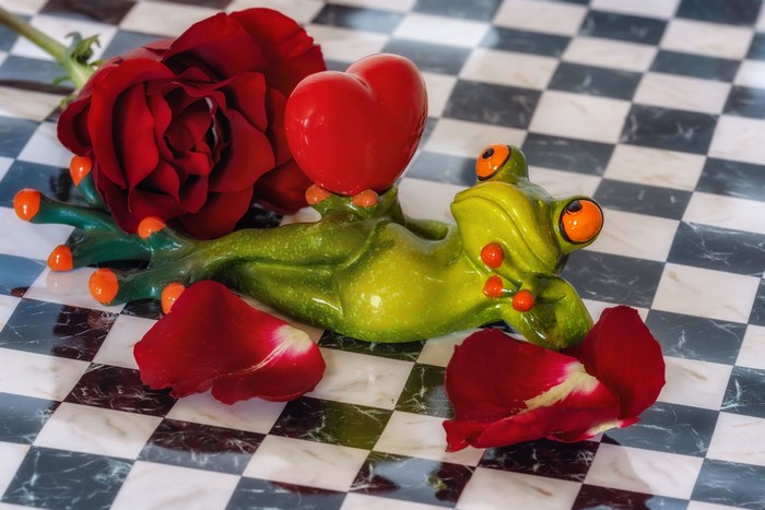 Frog figurine with red rose and heart on chessboard