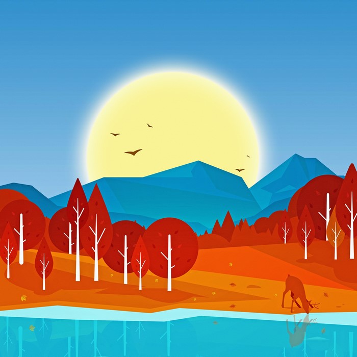 Autumn landscape with deer by the lake