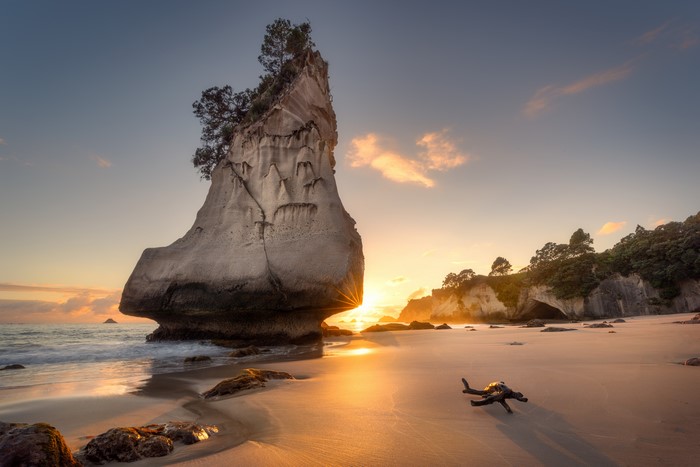 4K Te Hoho Rock Sunrise at Cathedral Cove, New Zealand