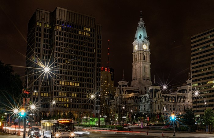 Philadelphia City Hall at Night with Cityscape