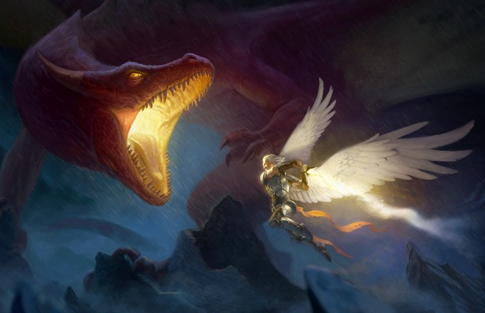 Angel battles a roaring dragon in the rain