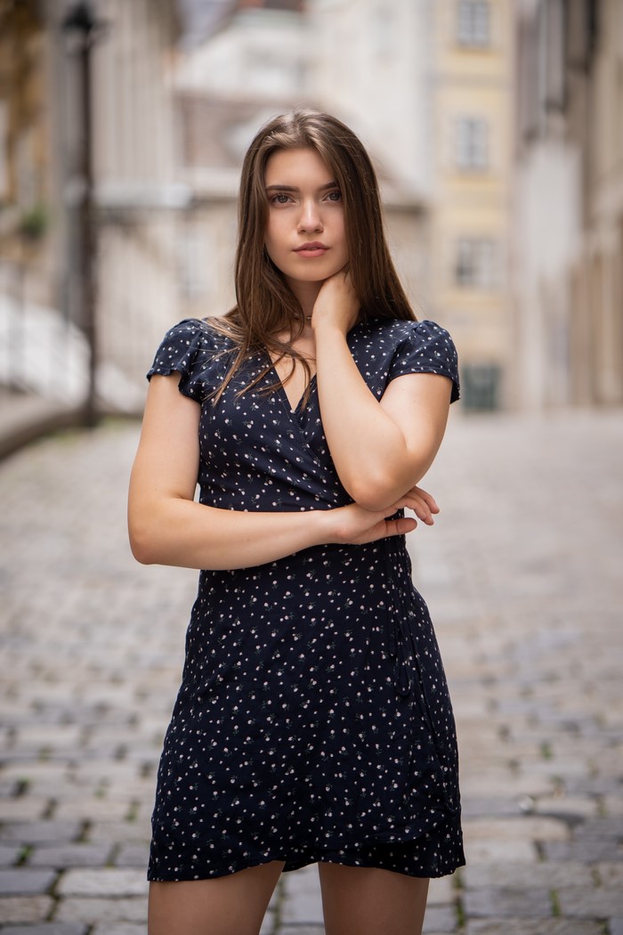 Vanessa Posing in Black Floral Dress
