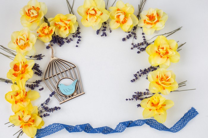Yellow Daffodils and Lavender with Birdcage and Ribbon