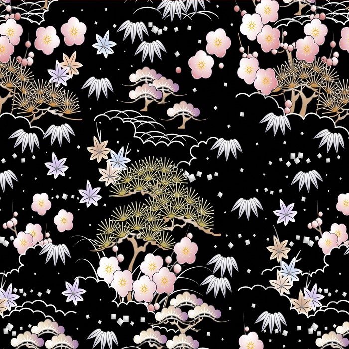 Japanese floral and pine tree pattern on black background