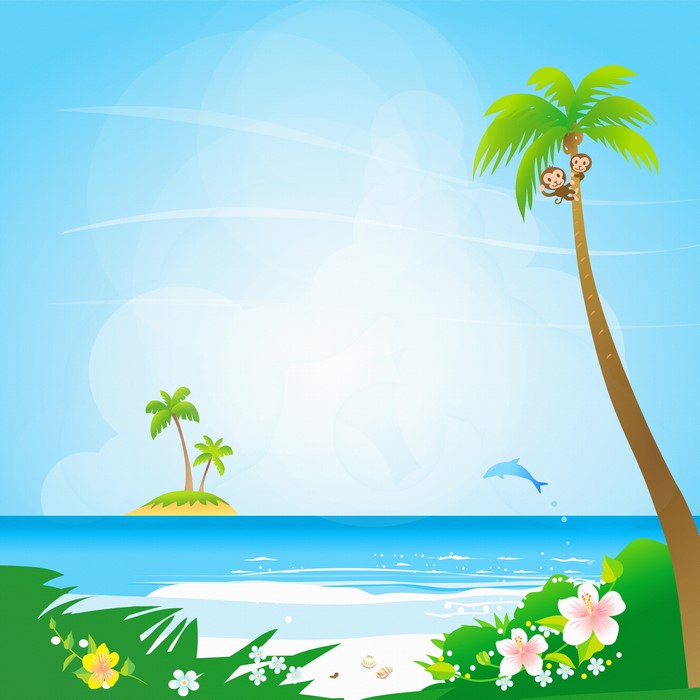 Tropical island with palm trees and monkeys
