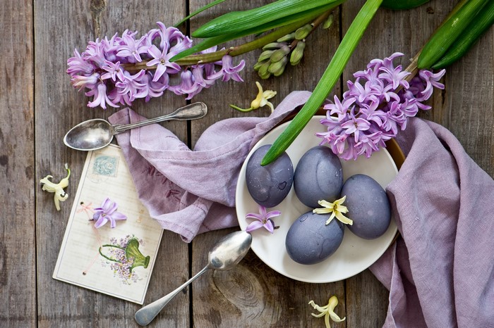 Easter Hyacinths and Dyed Eggs with Spoons