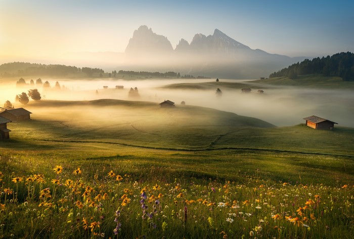 4K Dolomites Morning Fog Mountains Italy Grasslands Alps