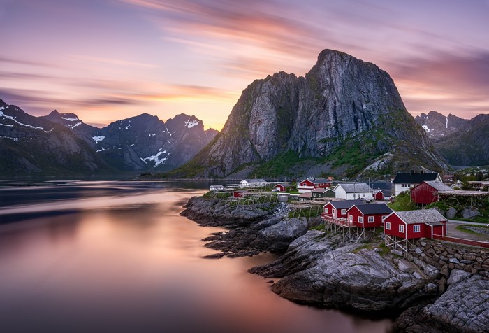 4K Lofoten Norway Mountains Sunrise Sunset Houses