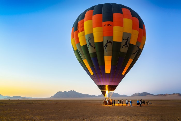 Hot air balloon preparing for flight in Namibia