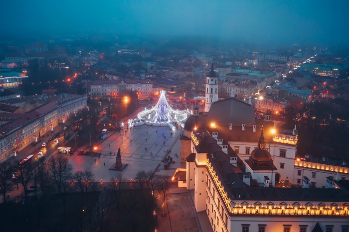 Vilnius Town Square with Christmas Tree from Above