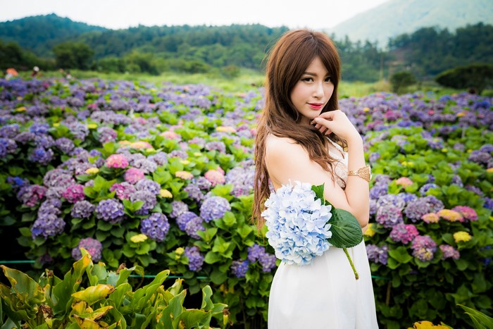 Asian woman in white dress holding hydrangea bouquet in flower field