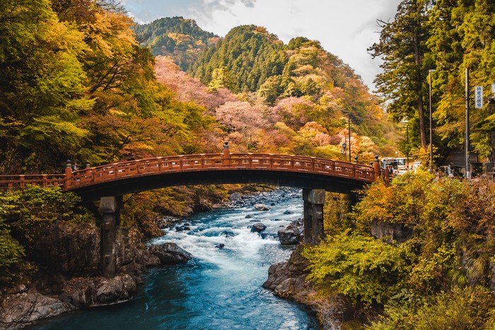 Shinkyo Bridge over Daiya River in Nikko, Japan during Autumn