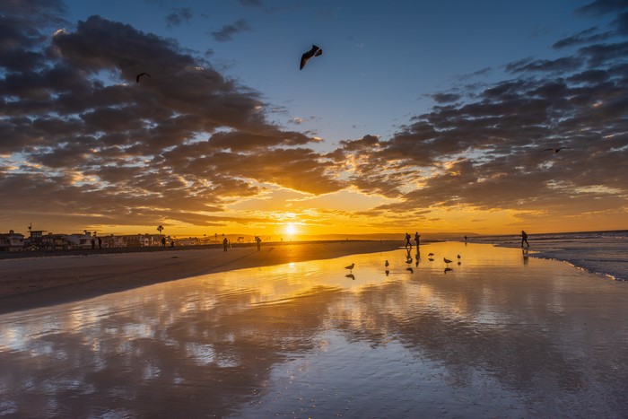 Sunset over Newport Beach, California with Seagulls and People
