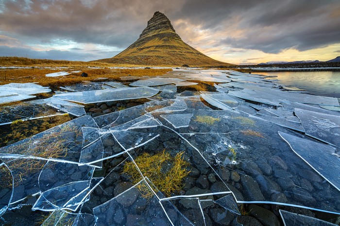 Kirkjufell Mountain Iceland with Cracked Ice in Foreground