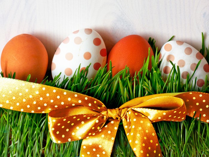 Easter eggs with ribbon on grass
