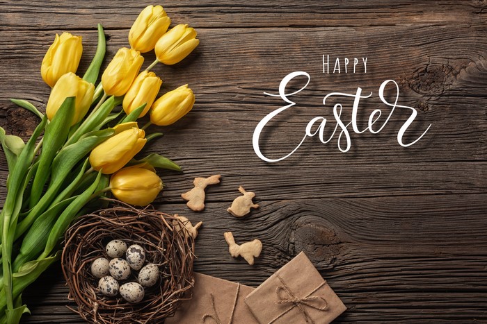 Happy Easter Tulips Nest Eggs and Cookies