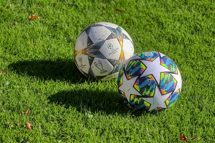 Two footballs on grass