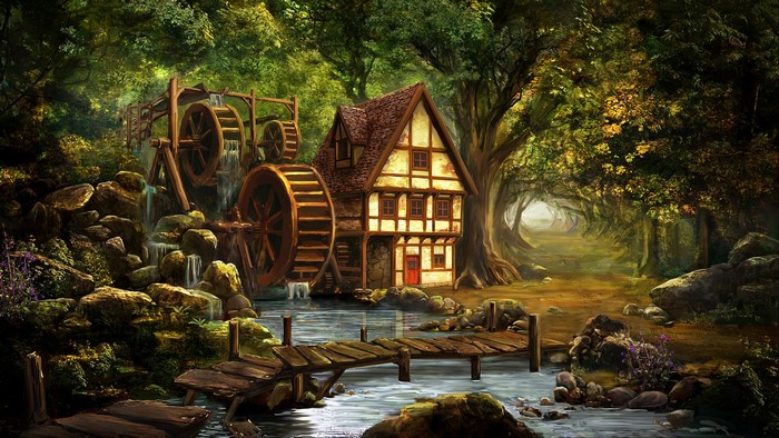 4K Watermill House by Stream with Bridges