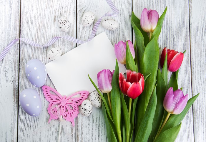 Easter Tulips and Eggs on Wood Planks