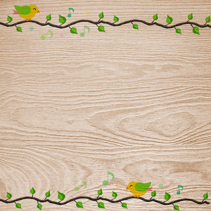 Cartoon birds and musical notes on wood plank background