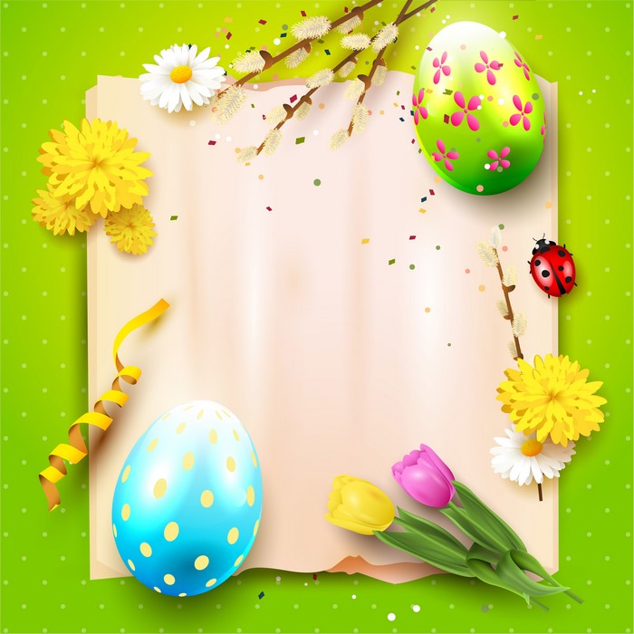 Easter greeting card with eggs, flowers, and ladybug