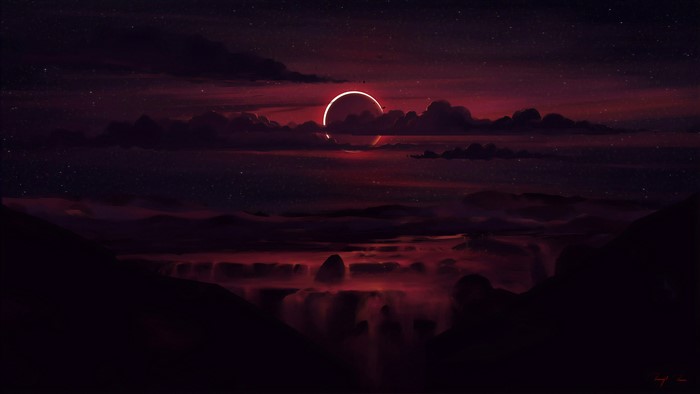 4K Night Sky with Clouds and Eclipse