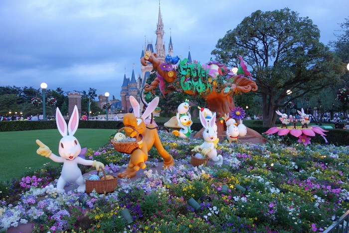 Easter Garden display with Disney characters and castle