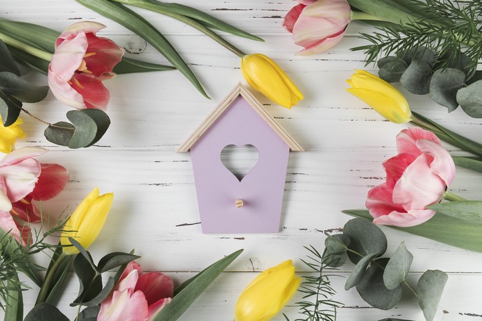 Tulips and birdhouse on wood planks
