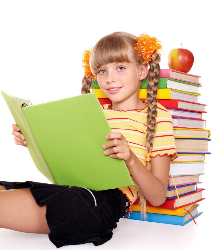 4K Image of Girl Reading with Books and Apple
