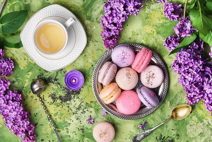 Tea and Macarons with Lilacs