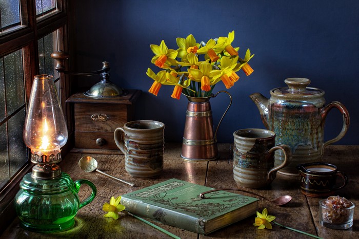 Still-life with Daffodils, Kerosene Lamp, Kettle, and Book