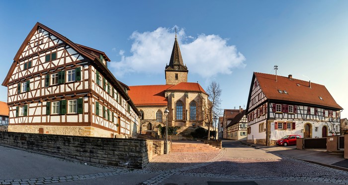 Half-timbered houses and church in Baden-Württemberg, Germany
