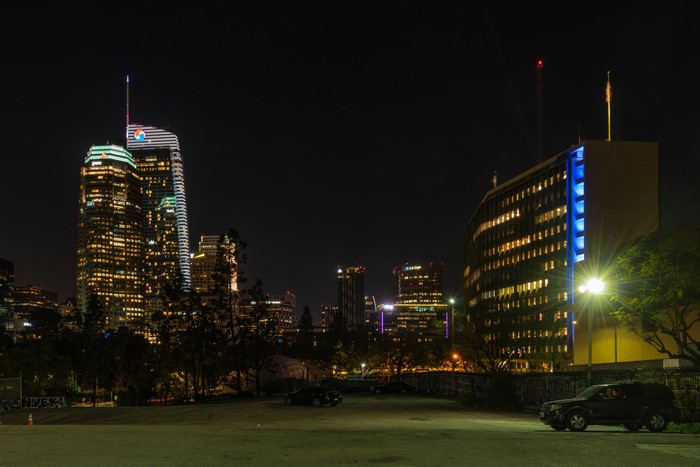 Los Angeles skyline at night with buildings and street lights