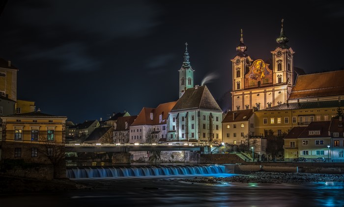 Steyr Austria Riverfront at Night