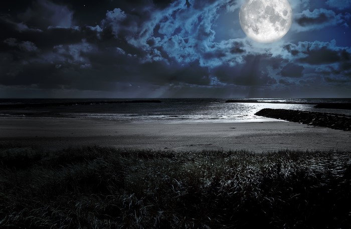 4K Night Beach with Moon and Clouds