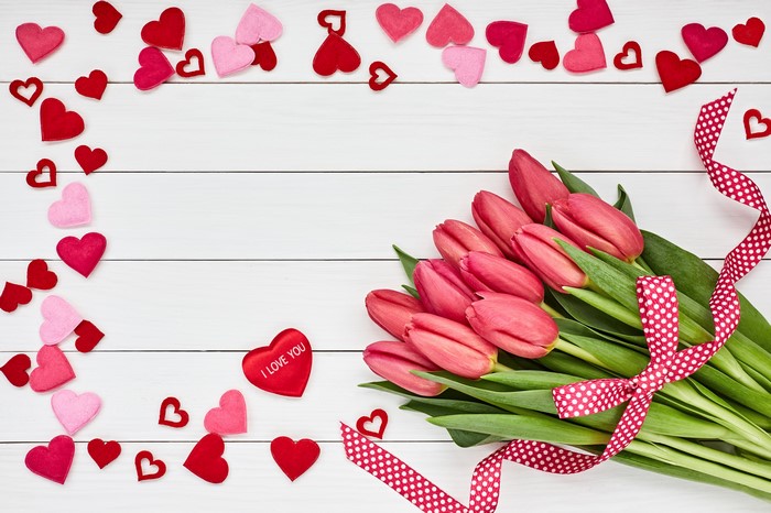 Pink Tulips and Hearts on Wood Planks