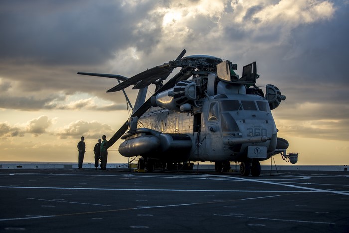 US Marine Corps CH-53E Super Stallion helicopter on deck