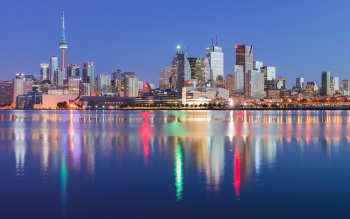 Toronto skyline with CN Tower and reflections