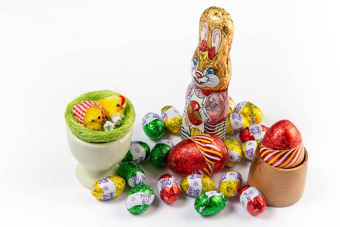 Easter chocolate bunny and eggs with chicks
