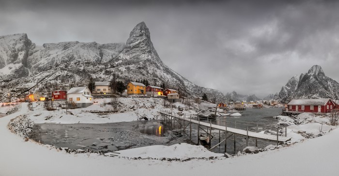 Reine, Lofoten, Norway Village in Winter with Mountains and Bridges