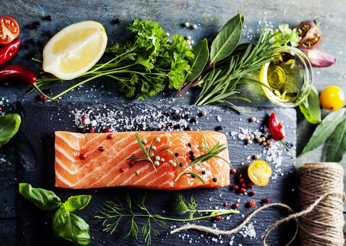 Salmon fillet with herbs, lemon, and spices