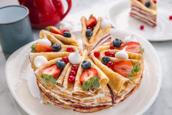 Berry and Strawberry Pancake Cake with Meringue