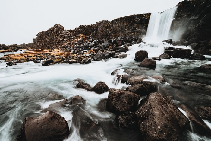 Waterfall and rocks in Iceland