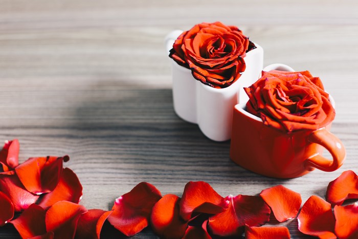 Red Roses in Heart-Shaped Mugs with Petals