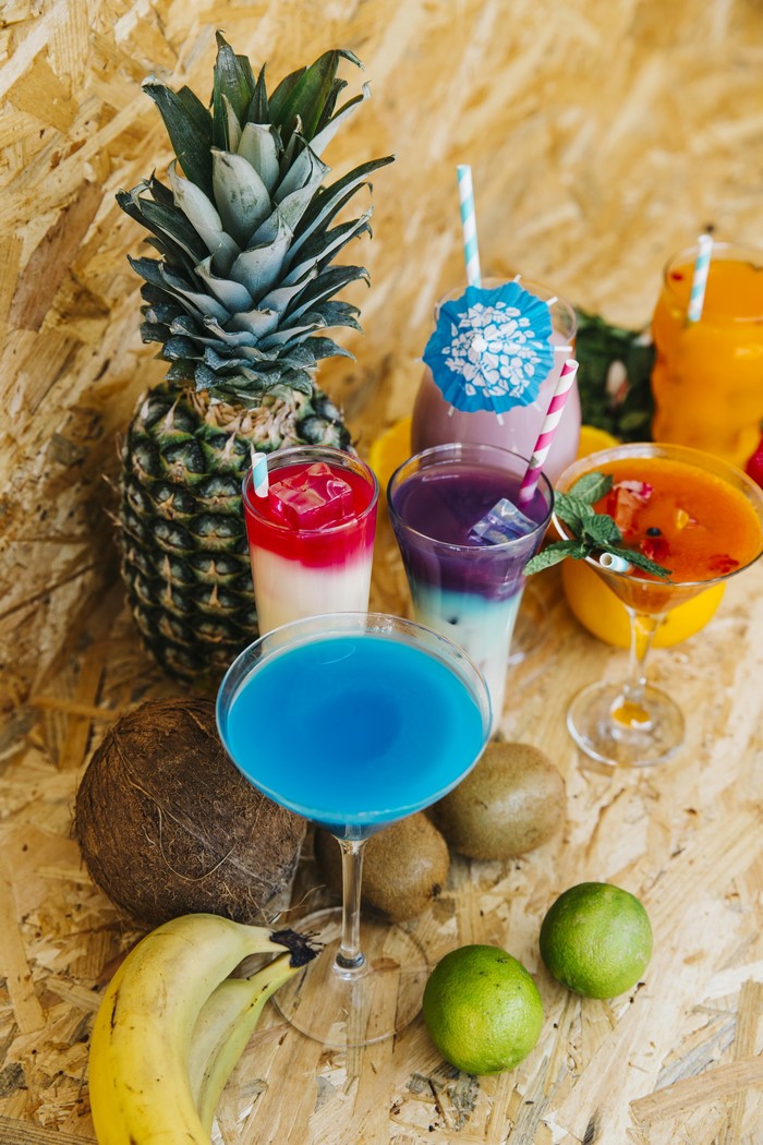 Colorful Tropical Cocktails with Fresh Fruits
