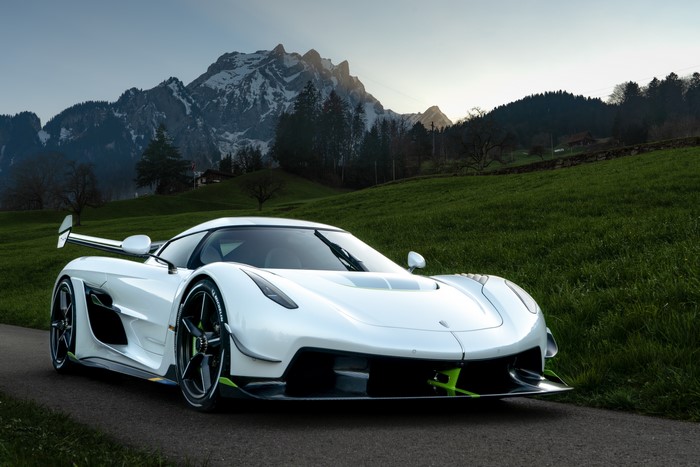 White Koenigsegg Jesko in a mountain landscape