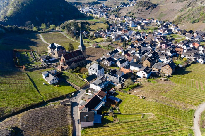 Aerial view of Mayschoss, Germany with vineyards and church