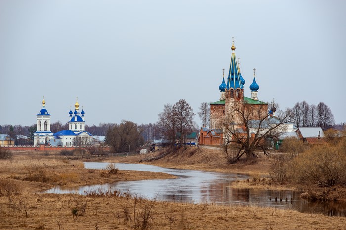 Churches and river in Dunilovo, Russia