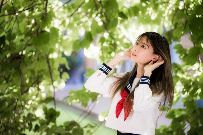 4K Asian Schoolgirl with Red Scarf in Nature